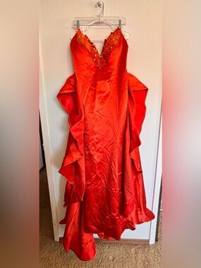 NWT Red Satin Corset Prom Gown Size 20 Beaded Neckline High Slit